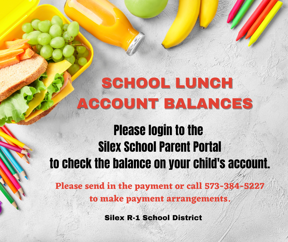 Silex School: Please check your child's lunch account balance & make a payment. If you need to make payment arrangements, please call 573-384-5227. Free & reduced lunch forms are available to fill out.